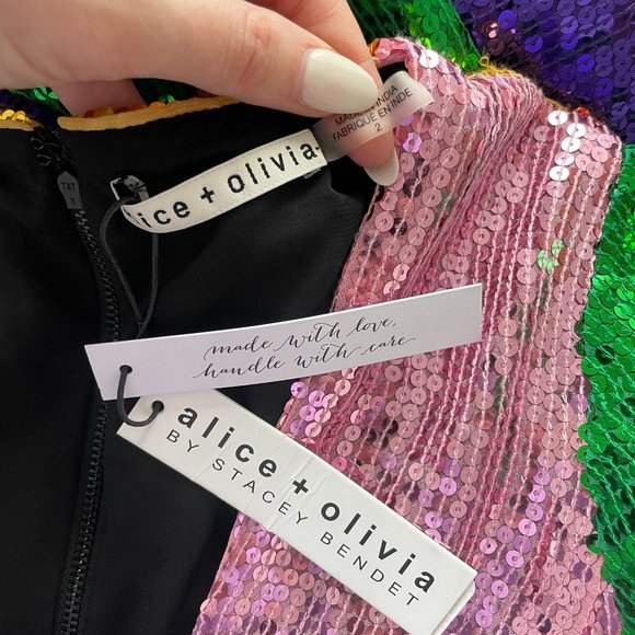 Alice + Olivia Blaze Colorblock Sequin Mini Dress Puff Sleeve Wrap Fit and Flare - Picture 4 of 12